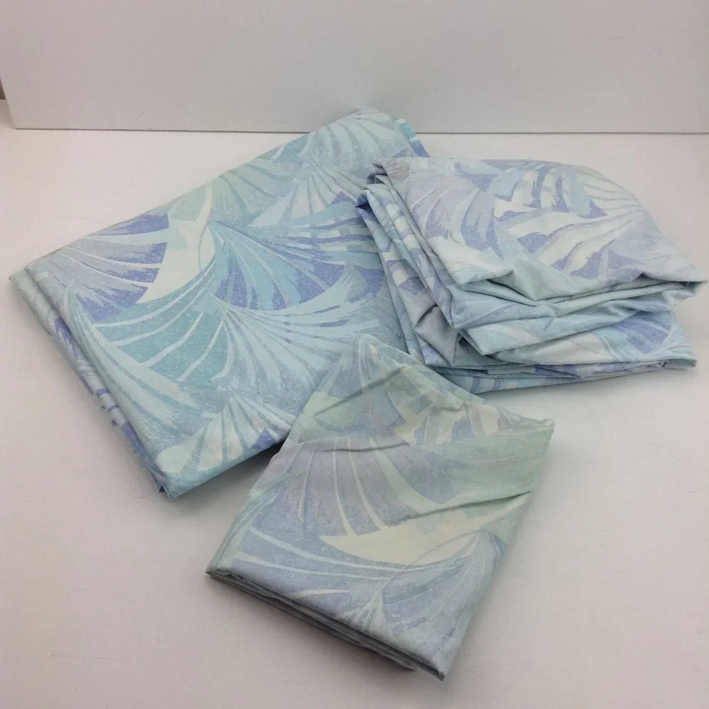 Vintage JP Stevens Company 80's Twin Sheet Set Blue Geometric Leaves